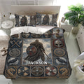 Viking bedroom decor featuring a detailed duvet cover set with Nordic warriors, wolves, ravens and shields