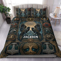 Viking duvet cover set displayed on a bed with ravens, Nordic knotwork, shields, wolves, serpents, and a world tree