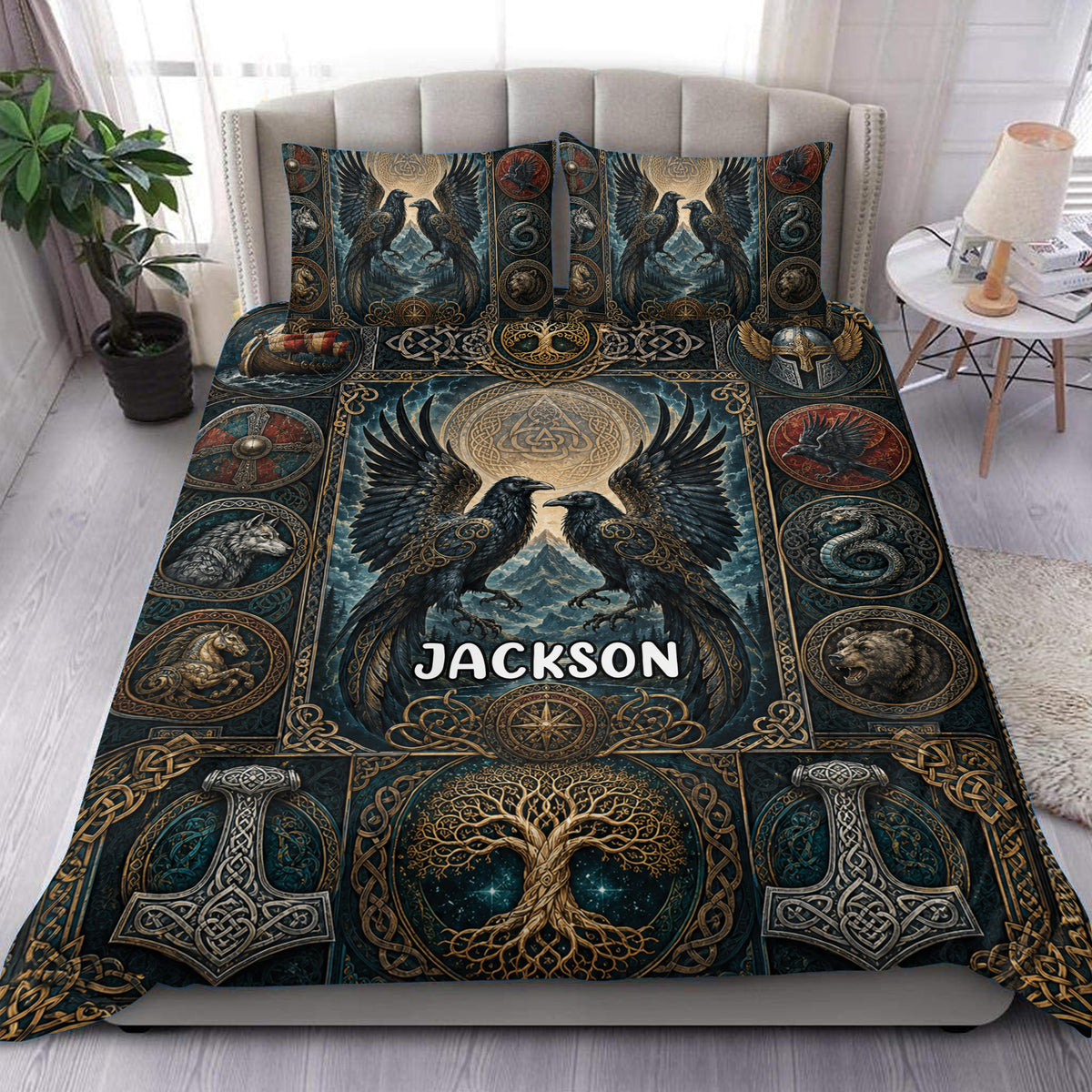 Viking duvet cover set displayed on a bed with ravens, Nordic knotwork, shields, wolves, serpents, and a world tree