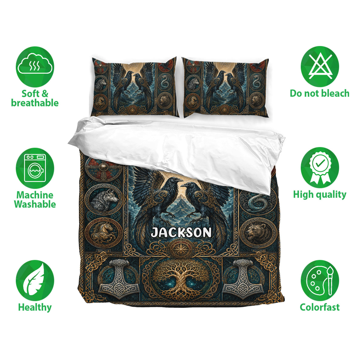 Viking bedding set shown with matching raven duvet cover and pillowcases in deep teal, black, red, and antique gold