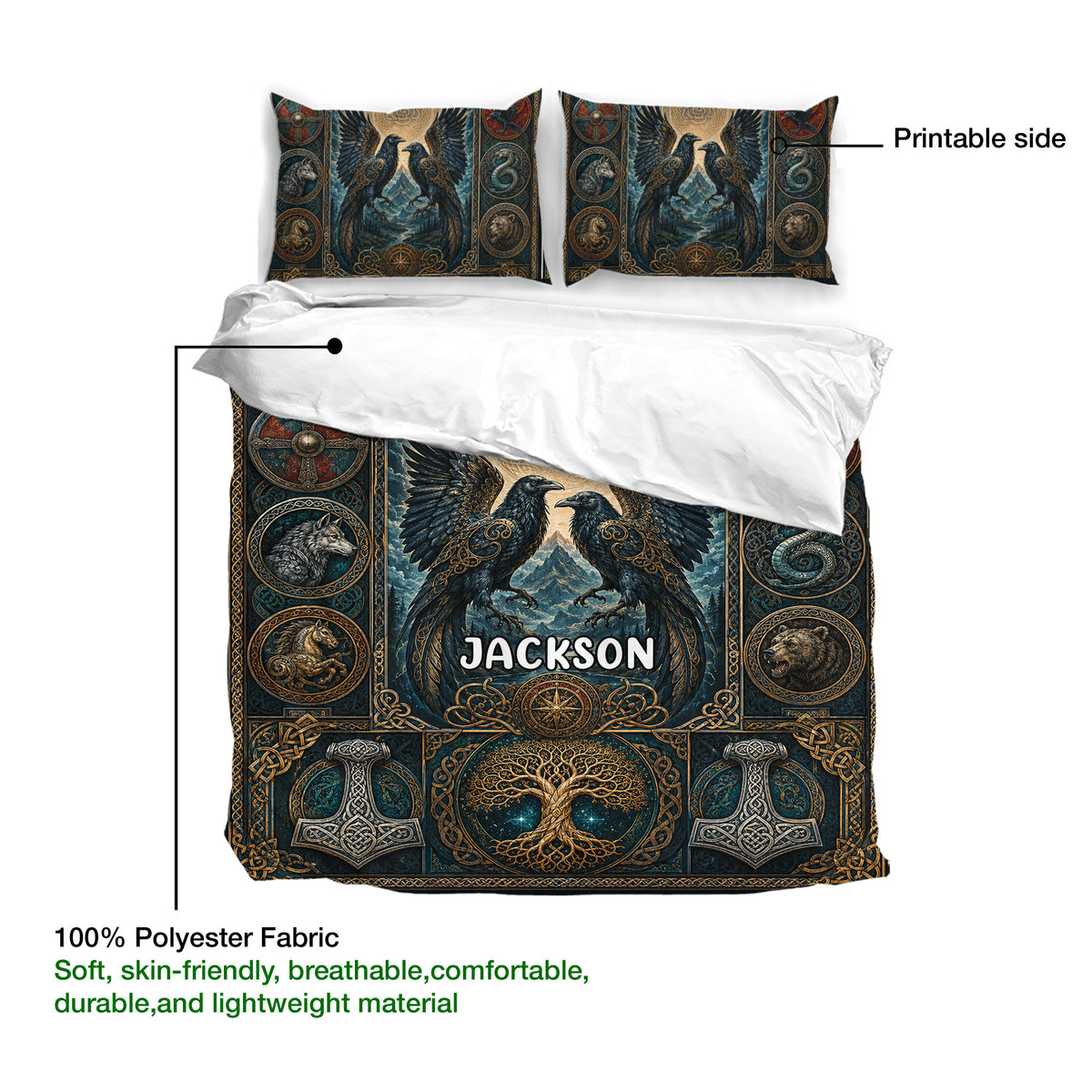 Viking duvet cover bedding set detail showing Nordic artwork, raven motif, printed side, and soft polyester fabric