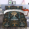 Viking bedroom decor featuring a richly detailed duvet cover with ravens, shields, knotwork, and Norse-inspired artwork