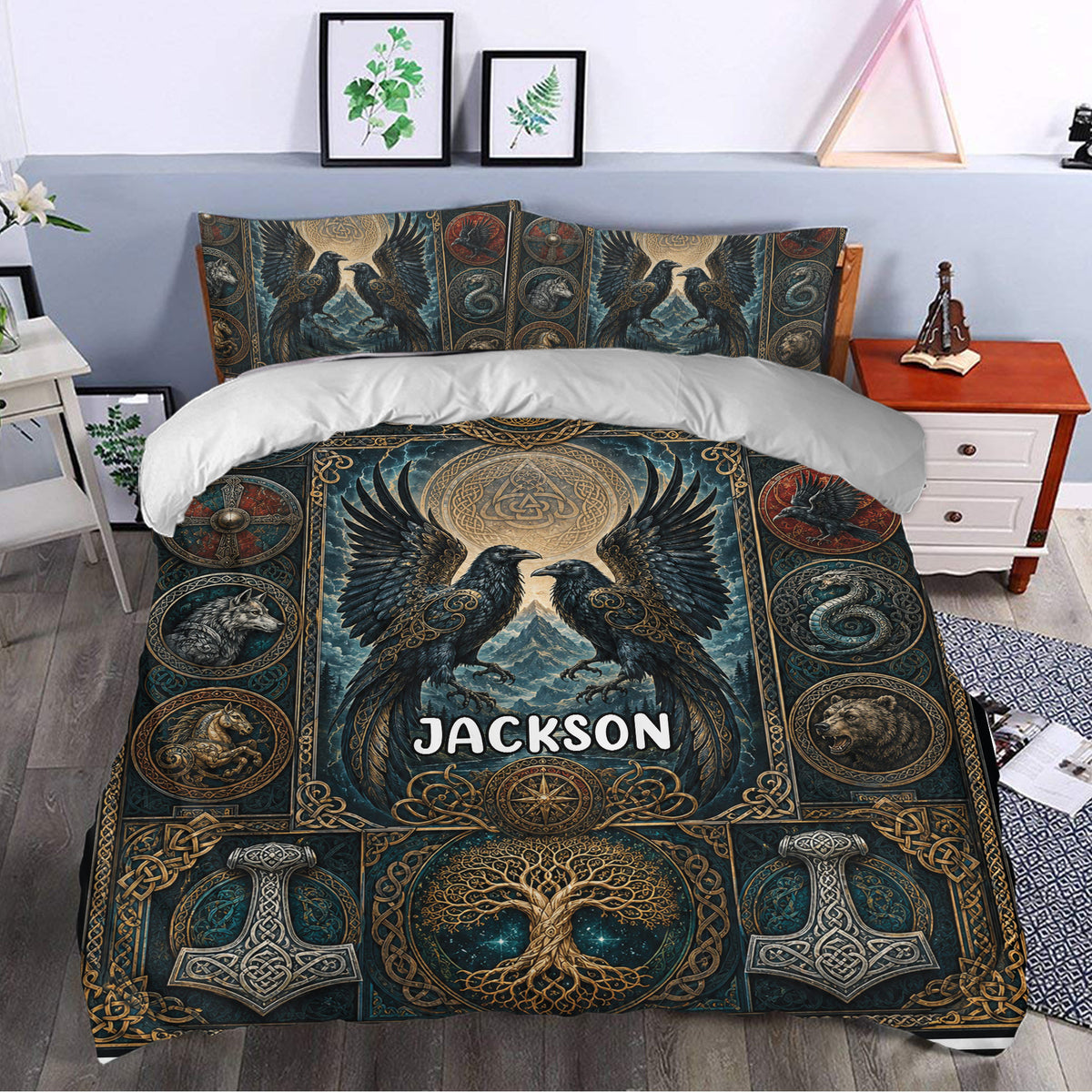 Viking bedroom decor featuring a richly detailed duvet cover with ravens, shields, knotwork, and Norse-inspired artwork