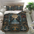 Viking bedding set styled in a modern bedroom with matching raven pillowcases and ornate Nordic duvet cover artwork
