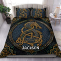 Viking duvet cover set with ornate Norse dragon knotwork in dark blue, gold, and teal bedroom decor