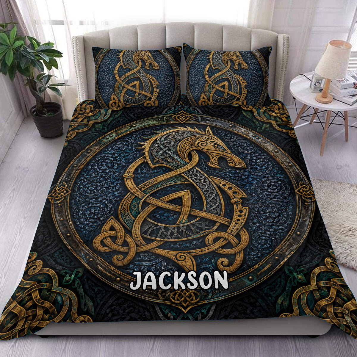 Viking duvet cover set with ornate Norse dragon knotwork in dark blue, gold, and teal bedroom decor