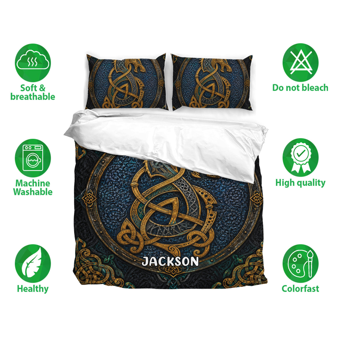 Viking bedding set displayed with matching pillowcases, ornate Norse artwork, and dark blue and gold styling