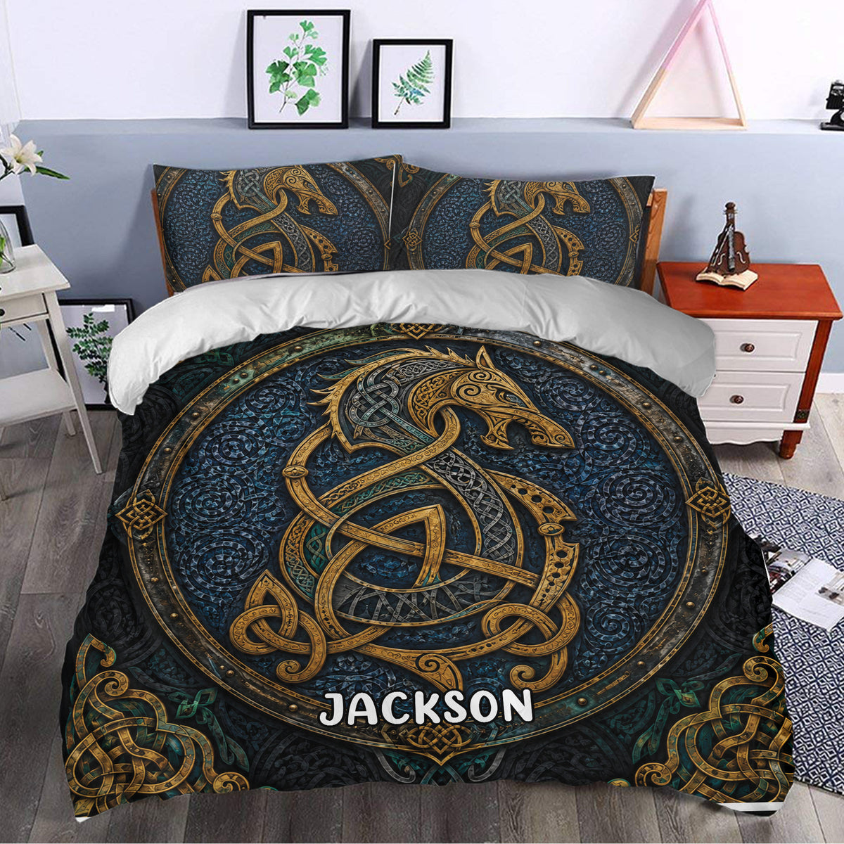 Viking duvet cover set styled in a bedroom with dramatic blue and gold Norse dragon artwork
