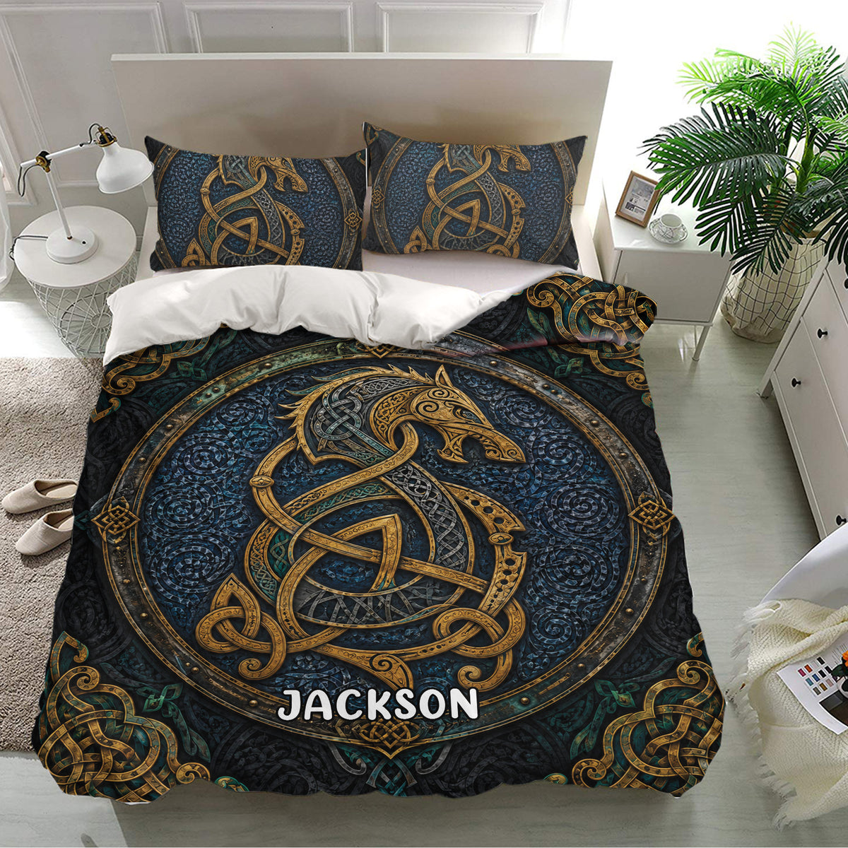 Viking bedding set presented on a modern bed with dark blue Norse knotwork and gold detailing