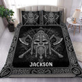 Black and white Viking duvet cover set styled on a bedroom with a bearded warrior, axes, and Norse knotwork