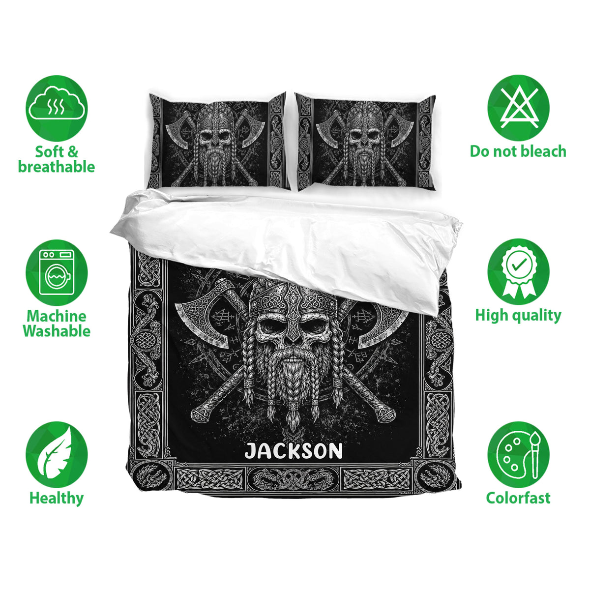 Viking duvet cover bedding set displayed with matching pillowcases and soft, breathable, washable fabric features