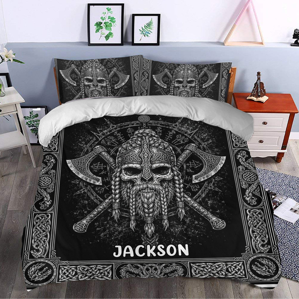Viking bedding set arranged in a bedroom with a dramatic bearded warrior design, axes, runes, and knotwork borders