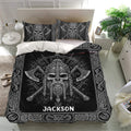 Black Viking duvet cover set styled in a bright bedroom with matching pillowcases and detailed Norse warrior artwork