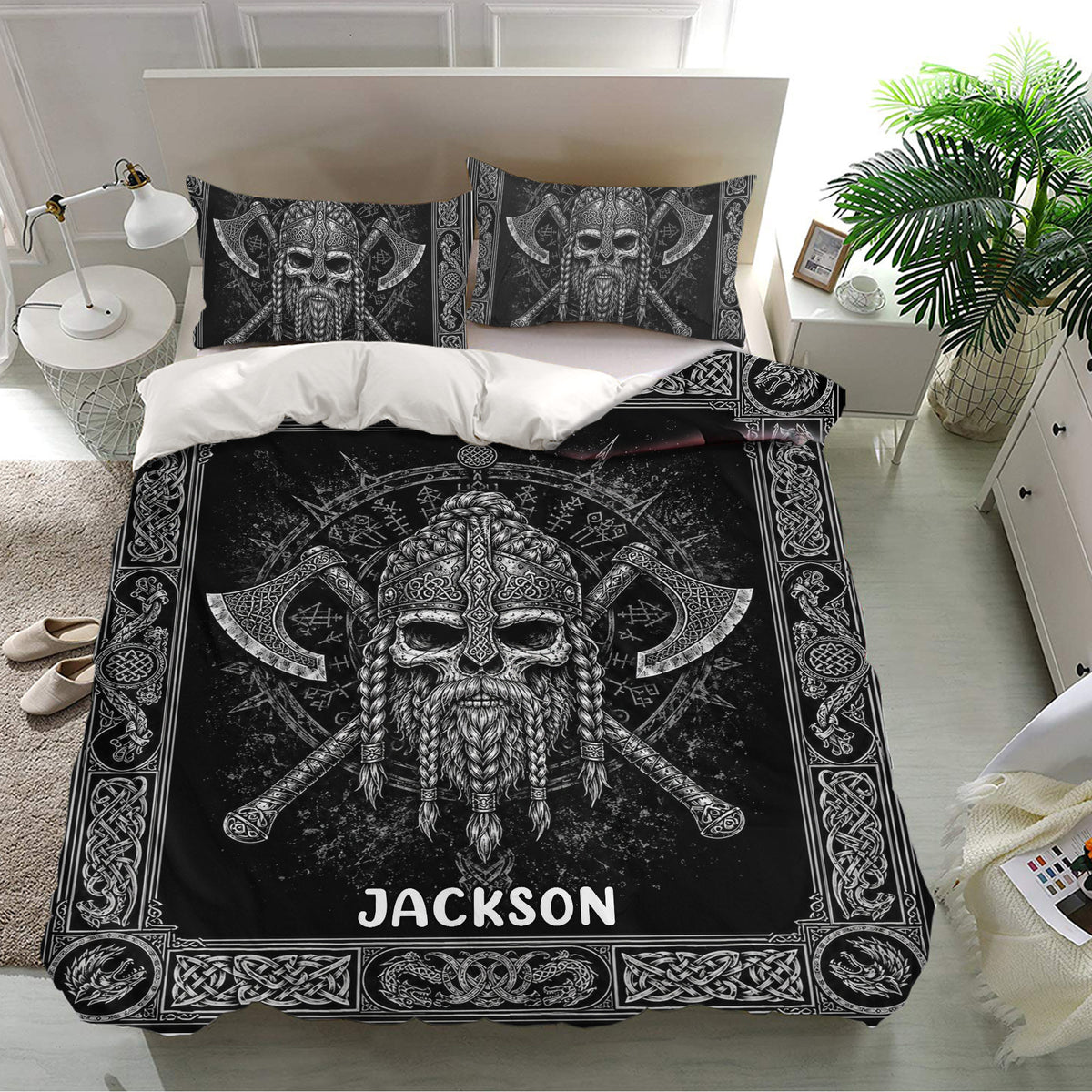Black Viking duvet cover set styled in a bright bedroom with matching pillowcases and detailed Norse warrior artwork
