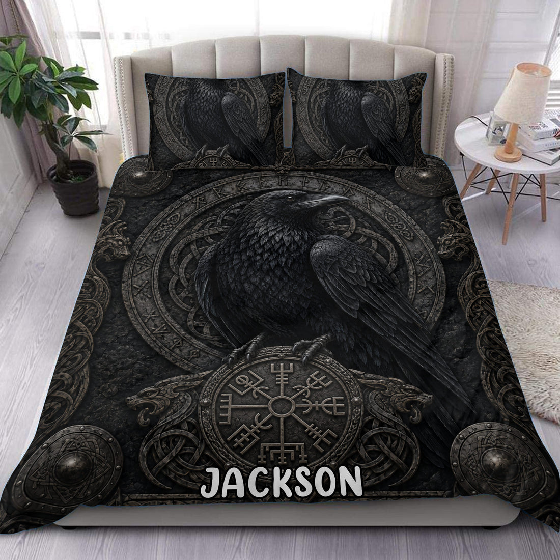 Viking duvet cover set with a large black raven, Norse symbols, dark knotwork, and matching pillowcases