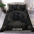 Viking duvet cover set with a large black raven, Norse symbols, dark knotwork, and matching pillowcases
