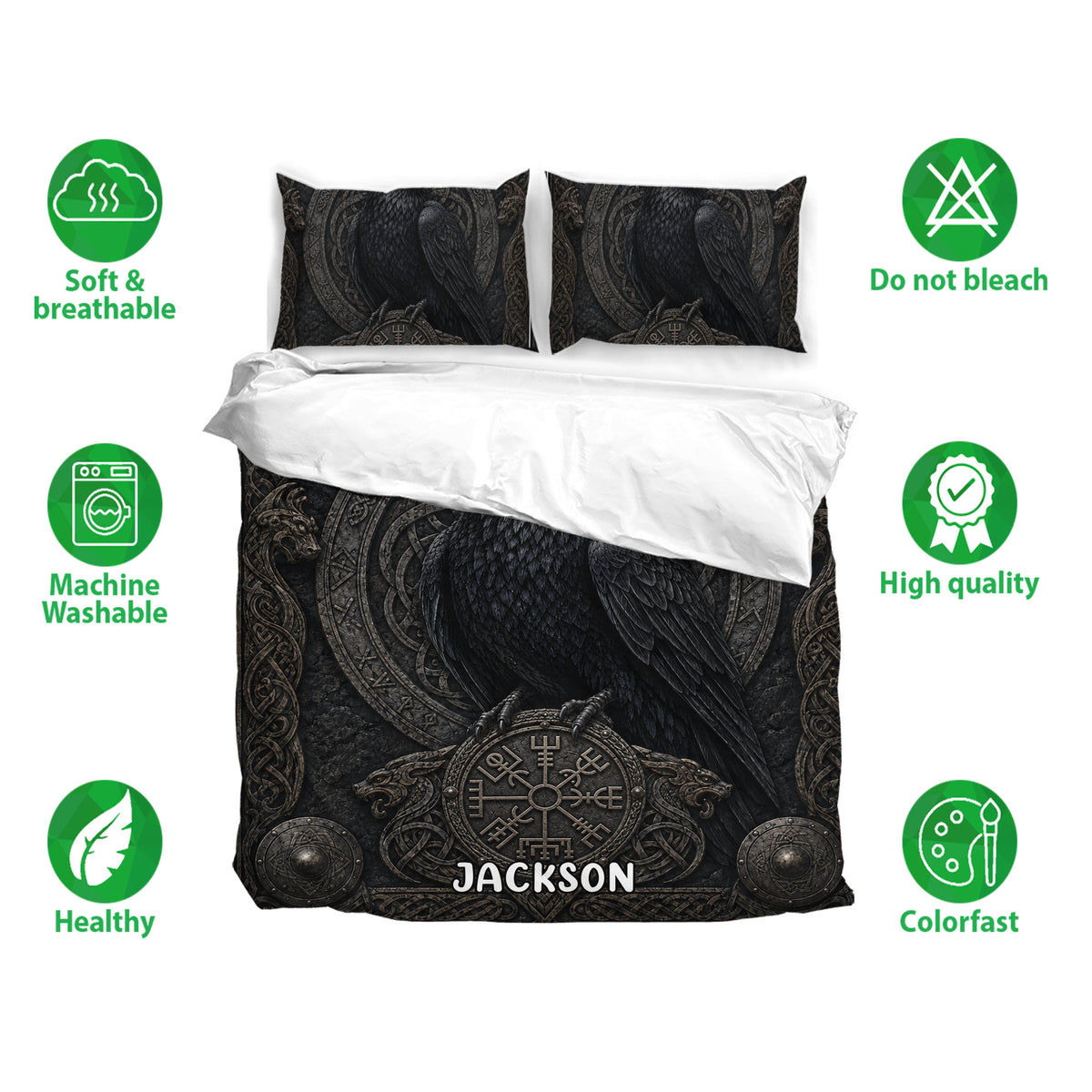Viking raven duvet cover bedding set displayed with matching pillowcases and soft breathable fabric icons