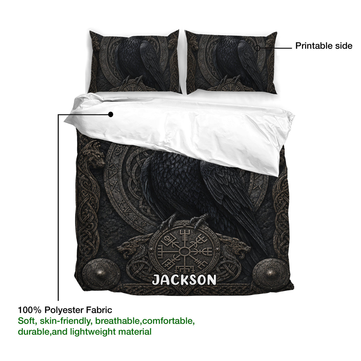 Viking raven duvet cover set showing the printed side, soft fabric presentation, and matching pillowcases