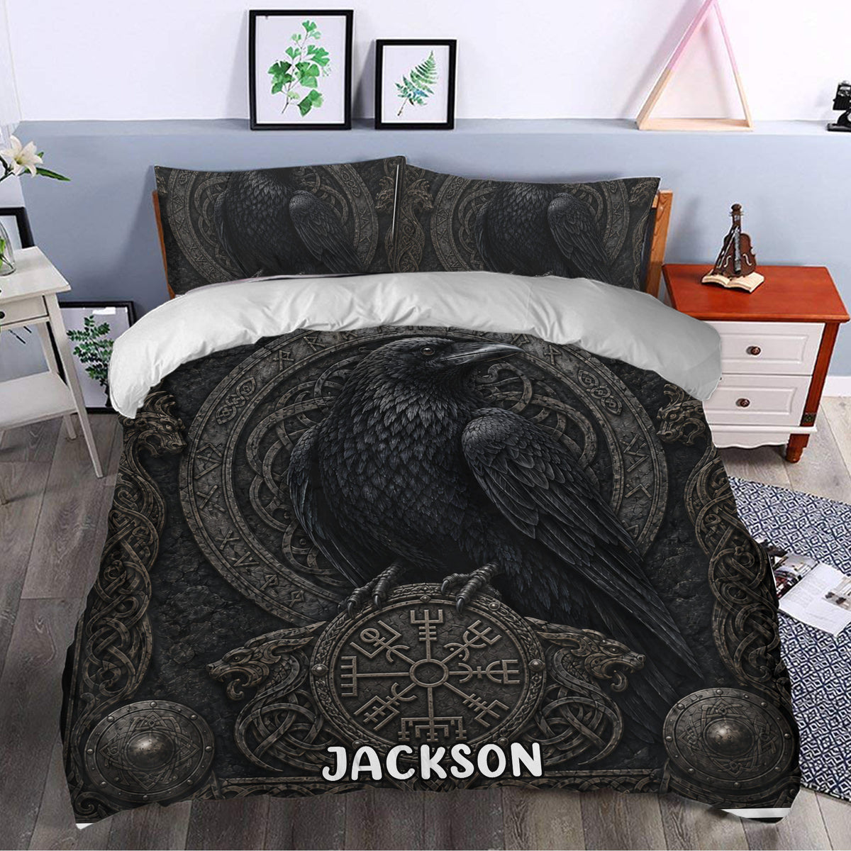 Dark Viking raven duvet cover bedding set styled in a bedroom with Norse symbols and Nordic artwork