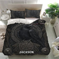 Viking raven bedding set displayed on a modern bed with dark Norse artwork and matching pillowcases