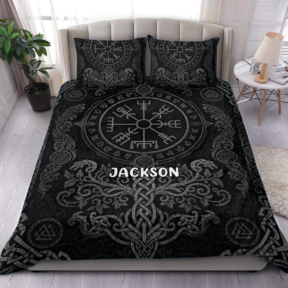 Black Viking duvet cover set with Norse symbols, runes, dragons, and ornate knotwork in a bedroom