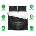 Viking bedding set displayed with matching pillows, black Norse artwork, and soft breathable fabric icons