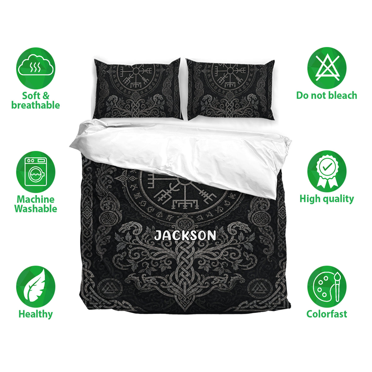Viking bedding set displayed with matching pillows, black Norse artwork, and soft breathable fabric icons