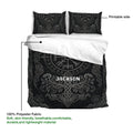 Viking duvet cover bedding set detail showing ornate Norse artwork and a breathable polyester fabric callout