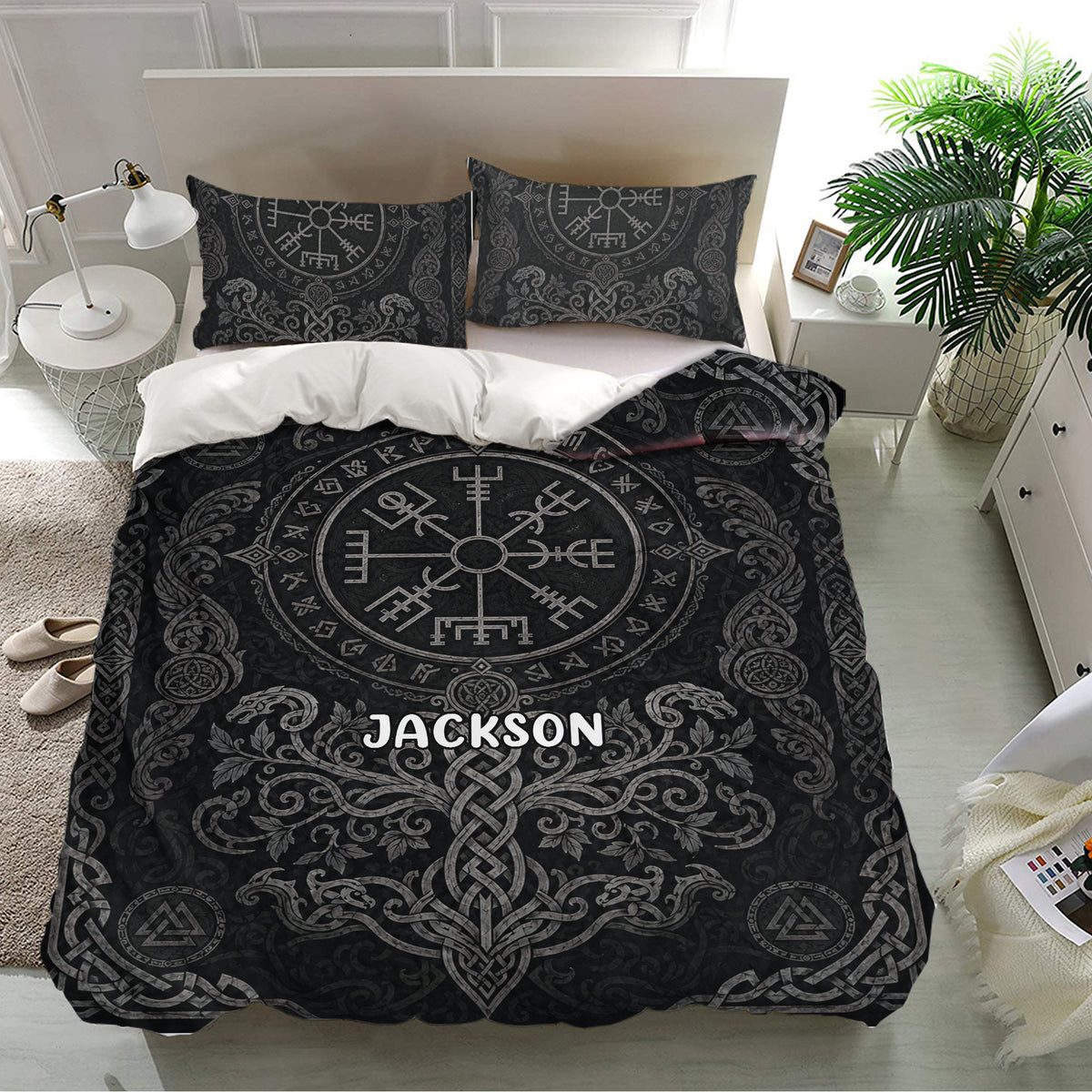 Viking bedding set styled in a modern bedroom with black Norse symbols, dragons, and intricate knotwork