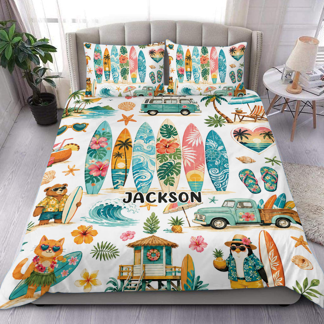 Colorful surfing duvet cover set displayed on a bed with surfboards, ocean waves, palms, and tropical beach artwork