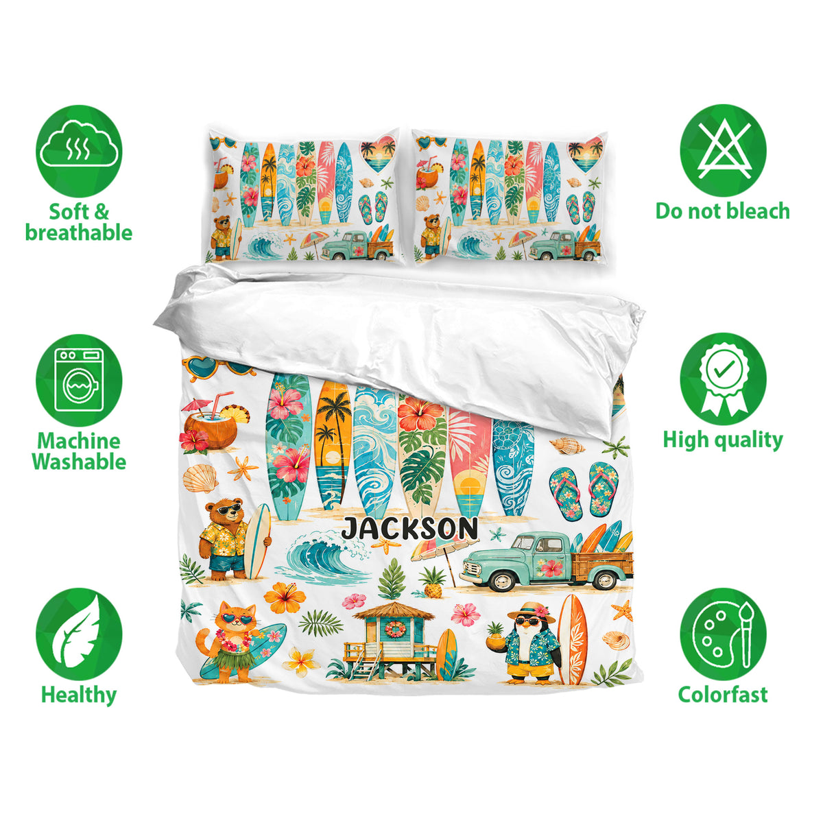 Surfing bedding set with colorful surfboard artwork, matching pillowcases, and soft breathable fabric feature icons