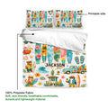 Surfing duvet cover bedding set showing printable artwork, polyester fabric detail, and colorful coastal illustrations