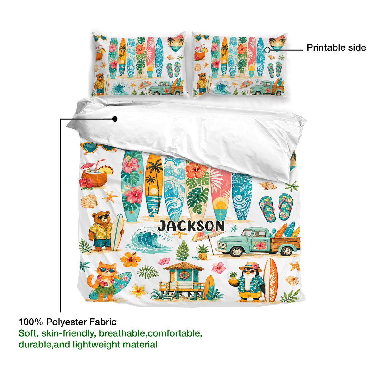Surfing duvet cover bedding set showing printable artwork, polyester fabric detail, and colorful coastal illustrations