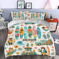 Surfing duvet cover set styled in a bedroom with tropical surfboards, waves, hibiscus flowers, and beach decor