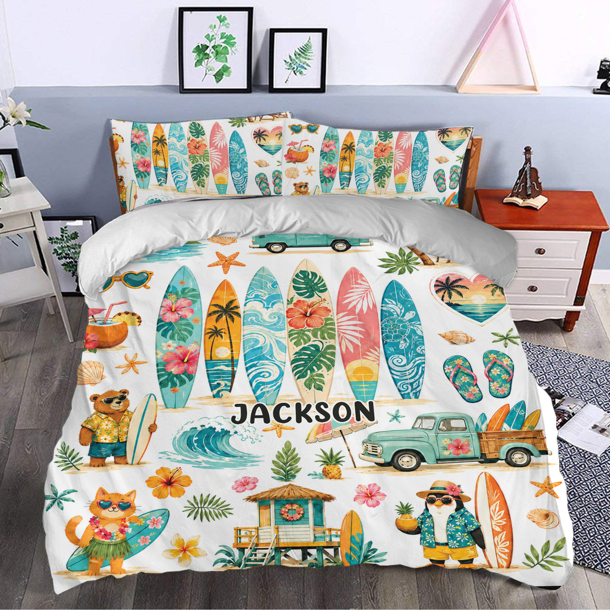 Surfing duvet cover set styled in a bedroom with tropical surfboards, waves, hibiscus flowers, and beach decor