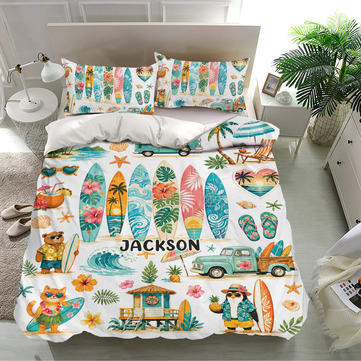 Tropical surfing bedding set displayed on a modern bed with surfboards, palm trees, waves, and coastal artwork