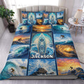 Surfing duvet cover set displayed on a bed with surfers, ocean waves, sunset scenes, and blue coastal artwork