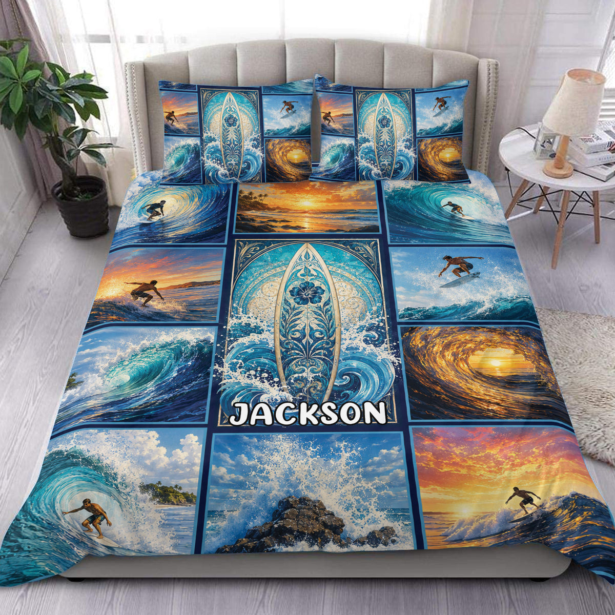 Surfing duvet cover set displayed on a bed with surfers, ocean waves, sunset scenes, and blue coastal artwork