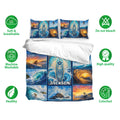 Surfing bedding set presentation with wave and surfboard artwork, matching pillowcases, and soft breathable fabric icons