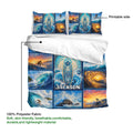 Surfing duvet cover bedding set shown with a wave collage, decorative surfboard artwork, and printable fabric surface