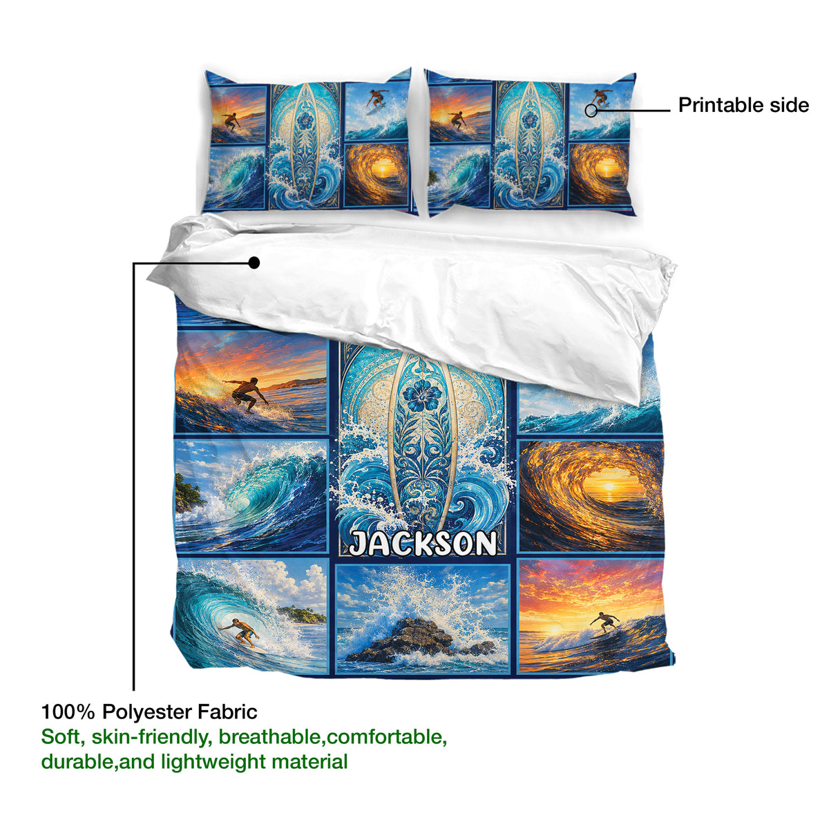 Surfing duvet cover bedding set shown with a wave collage, decorative surfboard artwork, and printable fabric surface