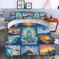 Surfing duvet cover styled in a bedroom with vivid ocean waves, surfers, sunset colors, and coastal bedroom decor