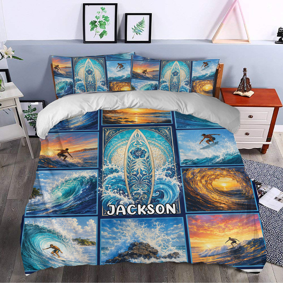 Surfing duvet cover styled in a bedroom with vivid ocean waves, surfers, sunset colors, and coastal bedroom decor
