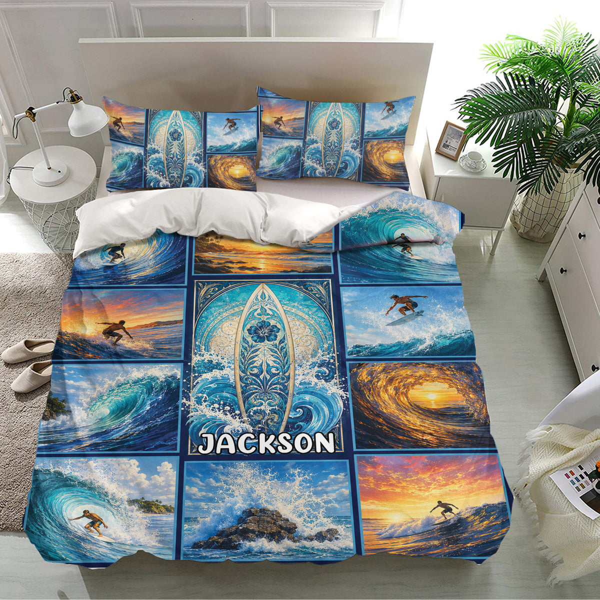 Surfing bedding set displayed in a bright bedroom with blue waves, surfboards, surfers, and golden sunset artwork
