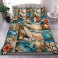 Surfing duvet cover set displayed on a bed with tropical beach scenes, surfboards, ocean waves, hibiscus flowers, and sea turtles