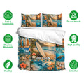 Surfing bedding set with matching pillowcases, tropical beach artwork, surfboards, ocean waves, flowers, shells, and sea turtles
