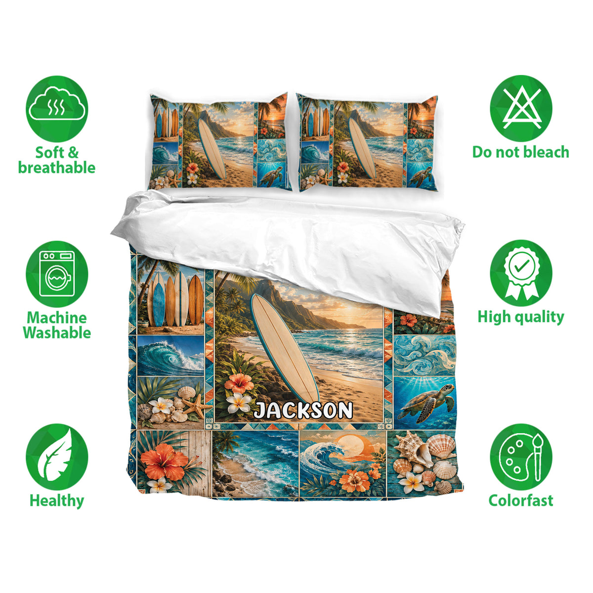 Surfing bedding set with matching pillowcases, tropical beach artwork, surfboards, ocean waves, flowers, shells, and sea turtles