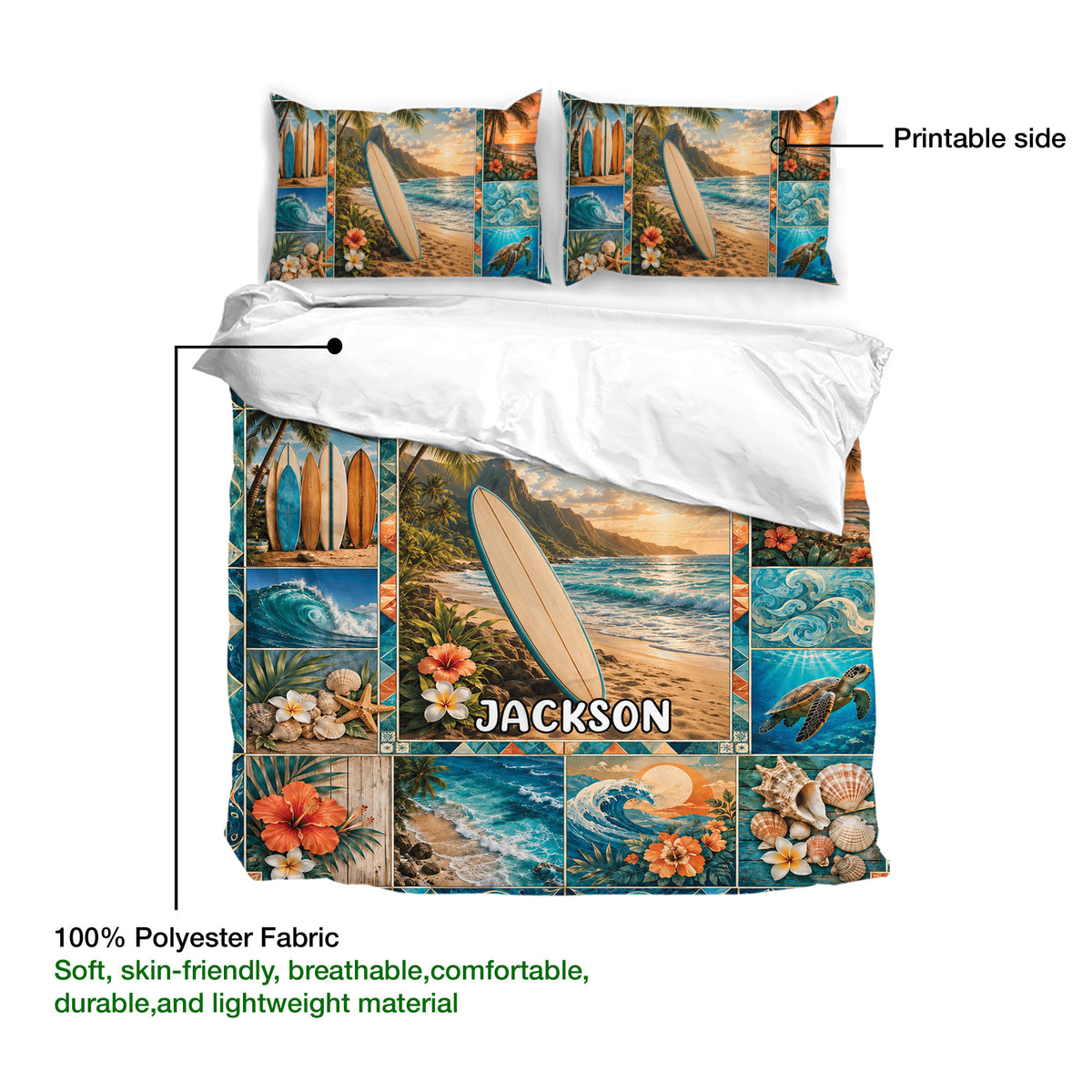Surfing duvet cover bedding set detail showing the printable side, polyester fabric, and colorful tropical beach artwork