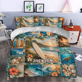 Surfing duvet cover set styled in a bedroom with tropical ocean scenes, surfboards, palm trees, flowers, and sea turtles