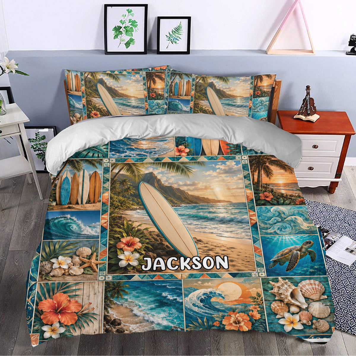 Surfing duvet cover set styled in a bedroom with tropical ocean scenes, surfboards, palm trees, flowers, and sea turtles